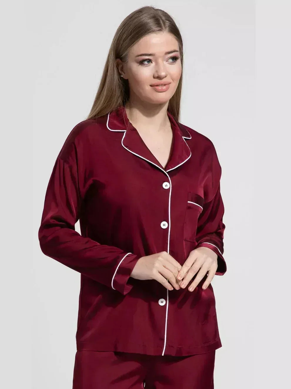 FawaQa | 2 Piece Shirt Trouser Silk Night Suit - MEHROON