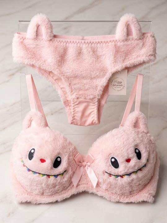 FawaQa | 2-Piece Labubu Style Double Padded Bra & Panty Set – Soft Wool Lingerie