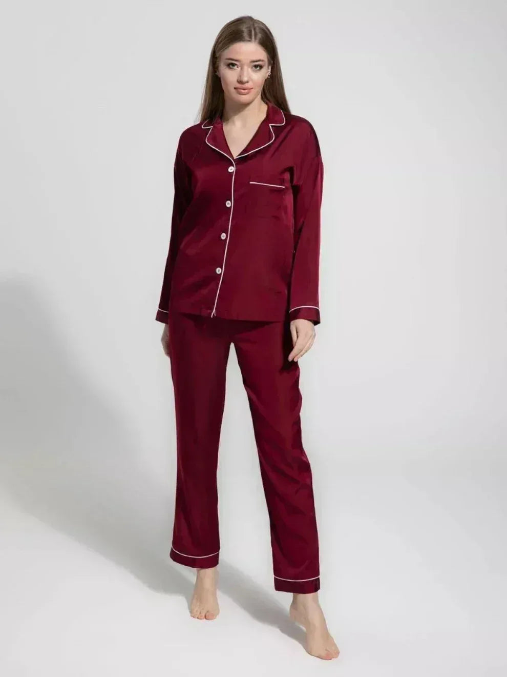 FawaQa | 2 Piece Shirt Trouser Silk Night Suit - MEHROON - FawaQa